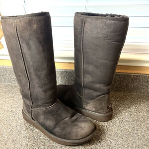 UGG Australia Brown Suede Tall Winter Boots Sheepskin Lining Women Sz 10 Pull On